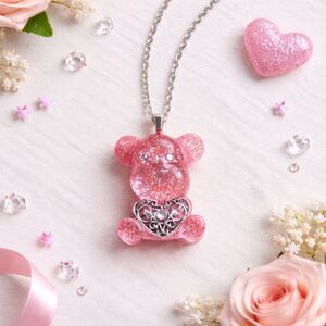 Handmade Pink Glitter Teddy Bear Necklace Resin Pendant Silver Chain Cute Gift